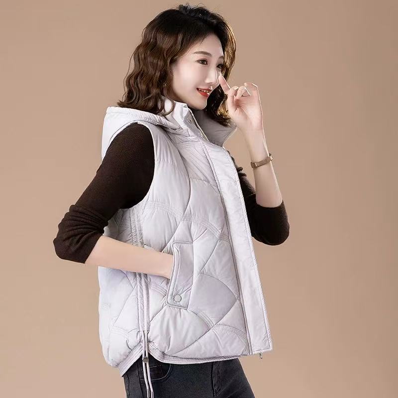 Jakke med dun, varm vest, dame, høst- og vinterkrage, koreansk stil, hettevest, dunvest, polstret, ermeløs parka