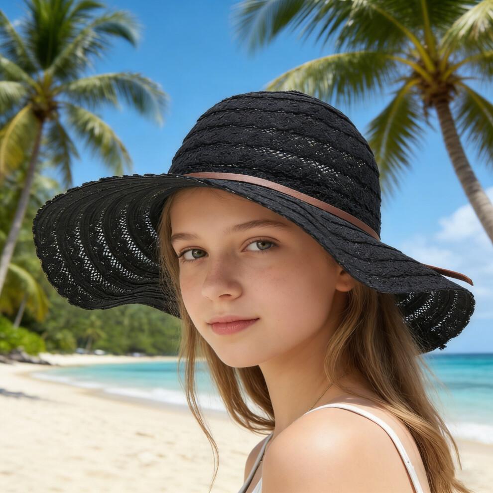 (Einheitsgröße, Schwarz) Damen Sommerstrohhut Eleganter Floppy-Hut mit breiter Krempe Strandkappe Leichter Spitzen-Sonnenhut