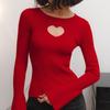 GMXIA Long Sleeve Tight Heart Hollow Knit Sweater Women's Autumn and Winter Solid Color All-match Knitted Top Base Shirt
