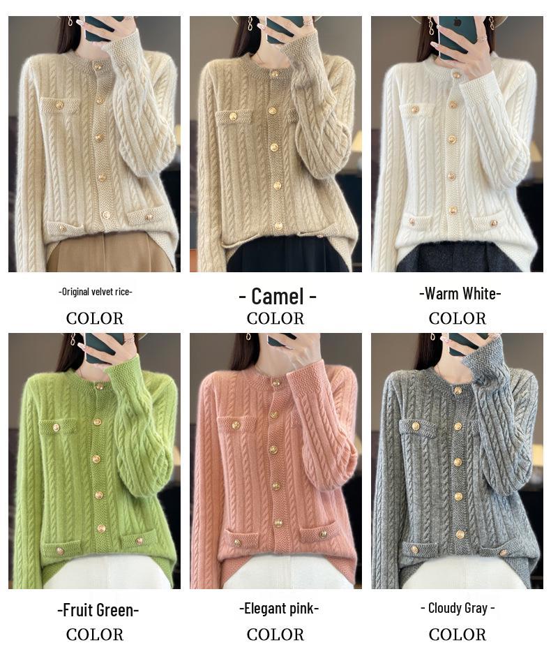 100% Wool Women's French Cable Knit Cardigan - Autumn/Winter Retro Short Aran Tweed Jacket