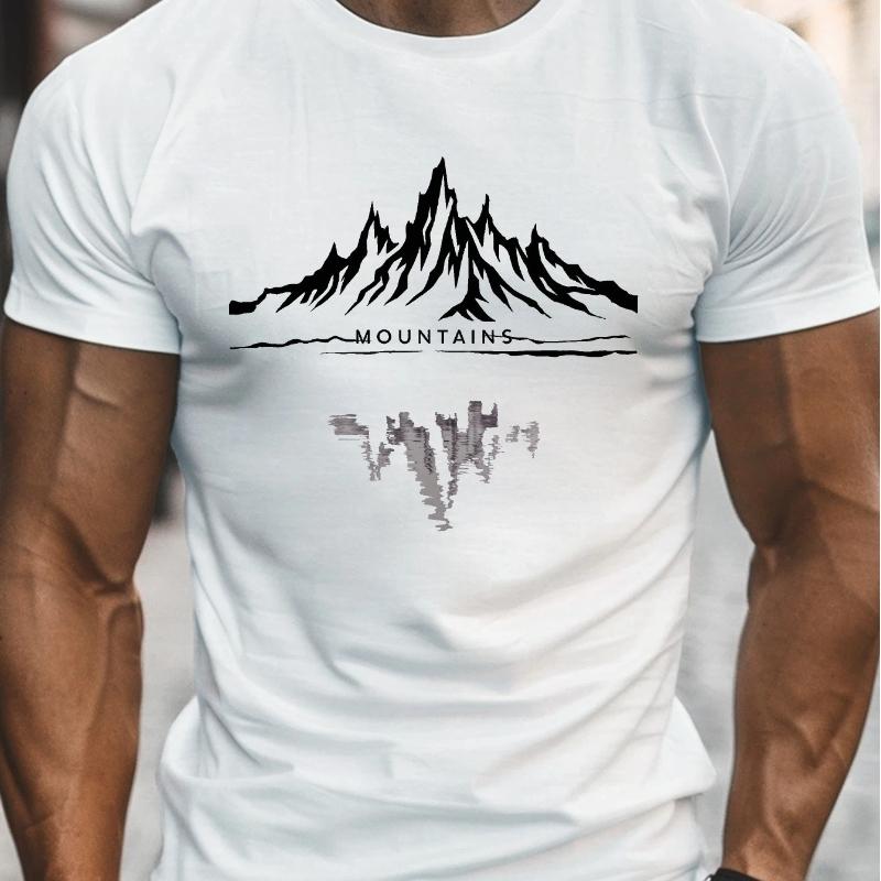 Men's summer pure cotton fashionable casual sports loose fashion mountain pattern printed round neck short sleeved T-shirt