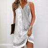 European and American Women's Floral Button A-line V-neck Sleeveless Dress, 2024 Fashion Trend.