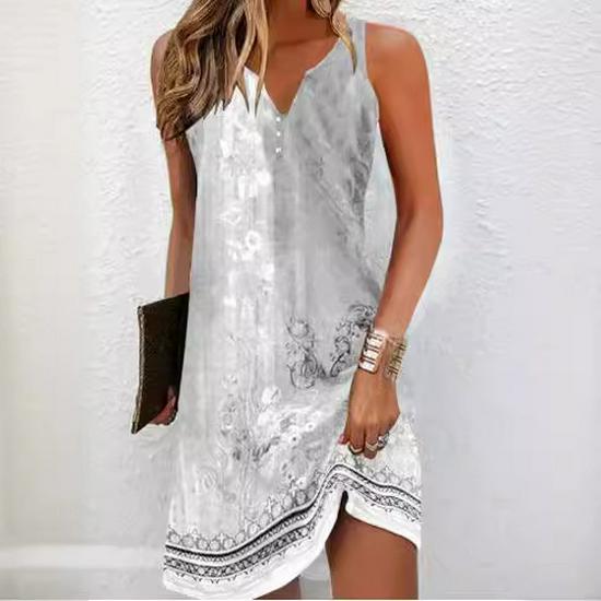 European and American Women's Floral Button A-line V-neck Sleeveless Dress, 2024 Fashion Trend.