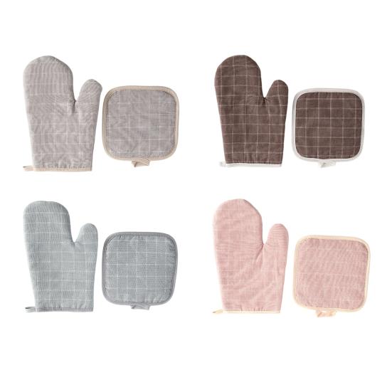 Thick Heat Resistant Oven Gloves with Pot Holder Non-Slip Cotton Mitts for Microwave Baking Grilling Kitchen Gloves