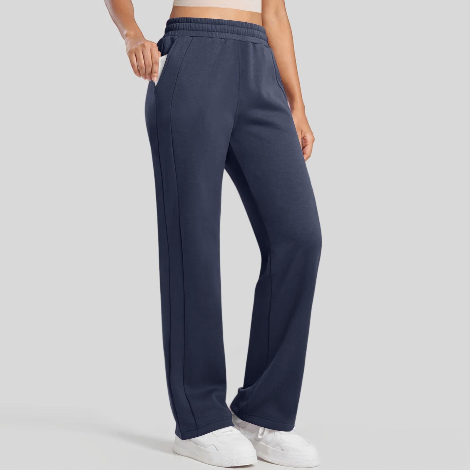 

Женские широкие спортивные штаны на осень с высокой посадкой, на кулиске, для тренировок, джоггеры с карманами L тёмно-синий