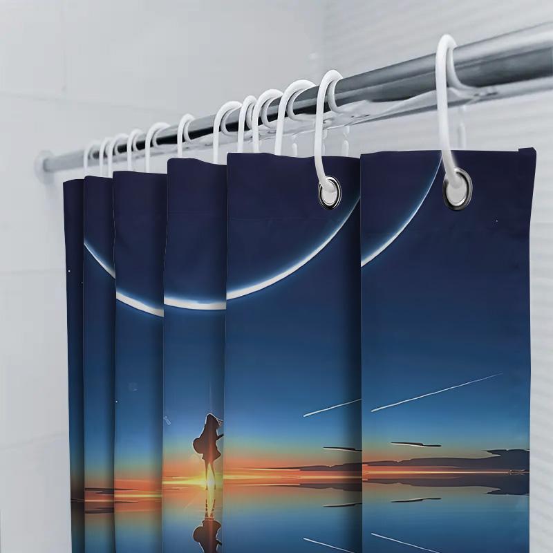 Dreamlike Planet Shower Curtain - Creative Space Scene With Guitarist And Celestial Bodies Suitable For Wet And Dry Separation
