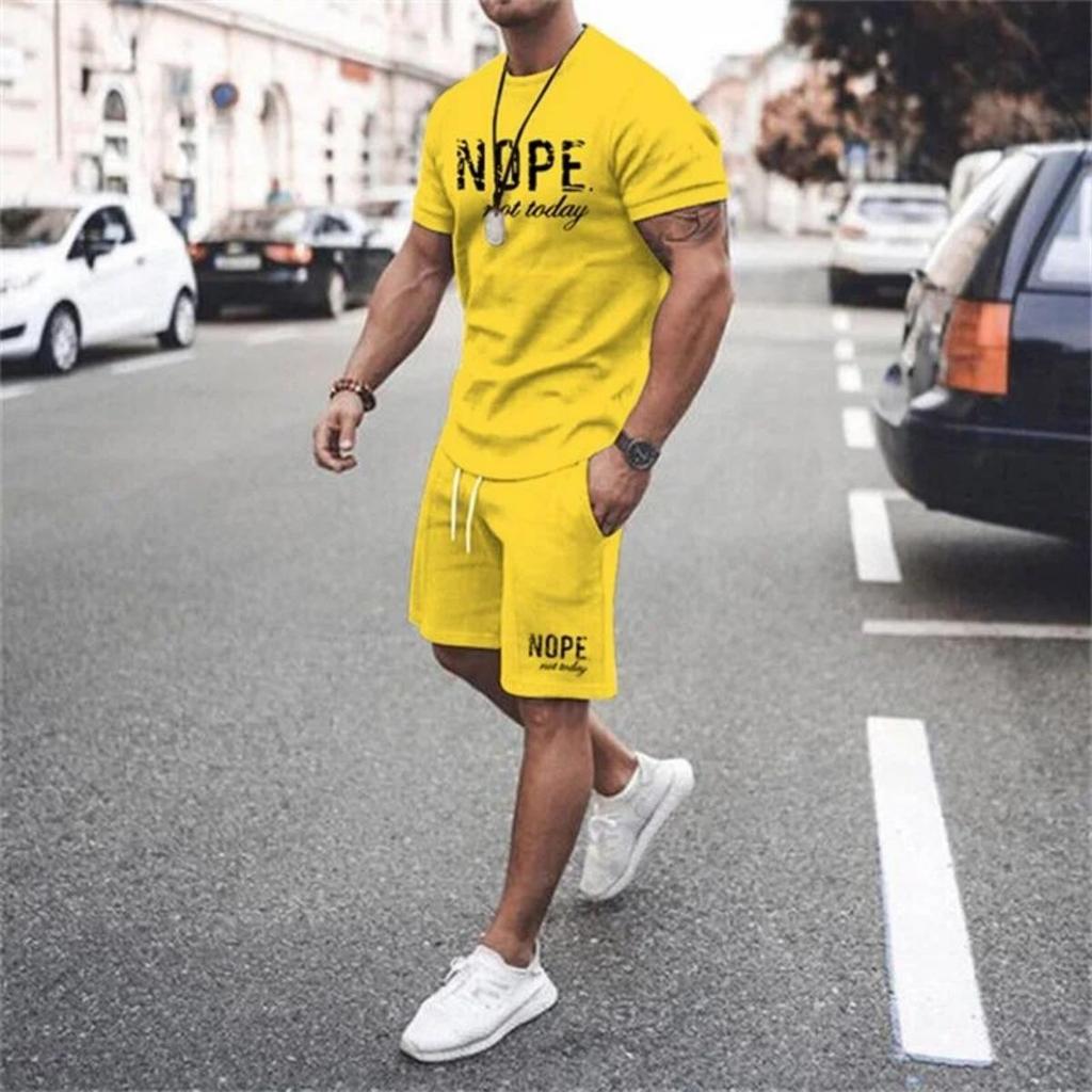 Men's Summer Letter Printed Breathable Round Neck T-shirt Shorts Set Outdoor Quick Drying Casual Clothing
