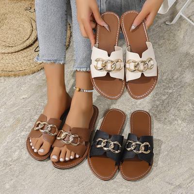 Large Size Slippers Women's New Flat-bottomed Fashion Chain In Summer 2025 Square Head One-character Casual Cool Slippers
