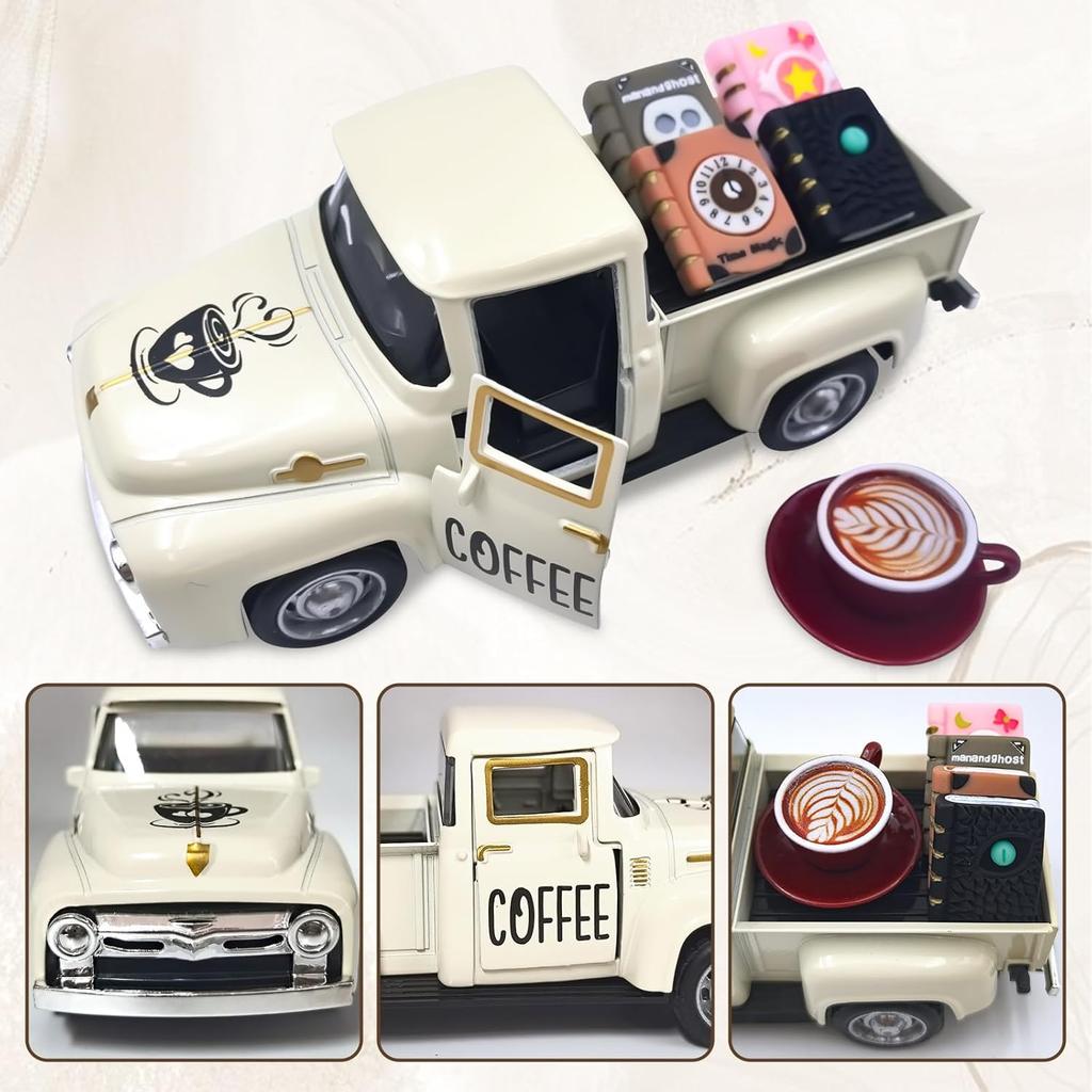 Alloy Vintage Coffee Truck Mini Casting Farmhouse Decor Featuring Bean Pouch Non Electric Desktop Attachment Designed for Coffee Bar Display