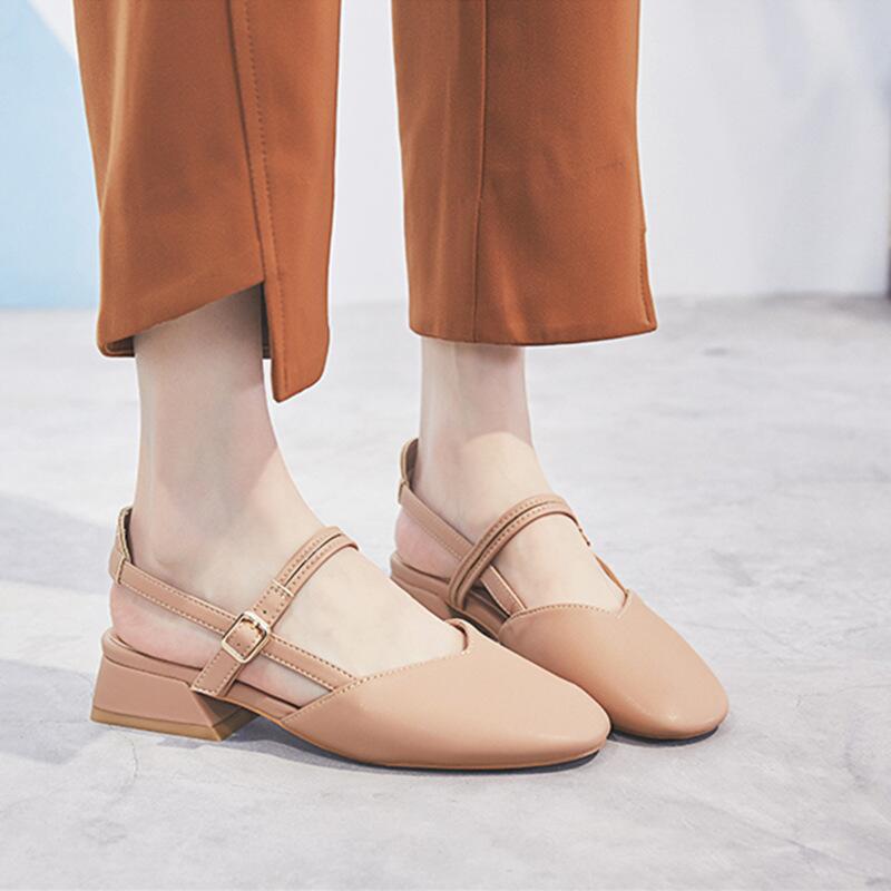 2025 New Women's Mid-heeled Sandals Square Head Buckle Thick Heel Korean Version Women's Sandals Hollow Women's Shoes