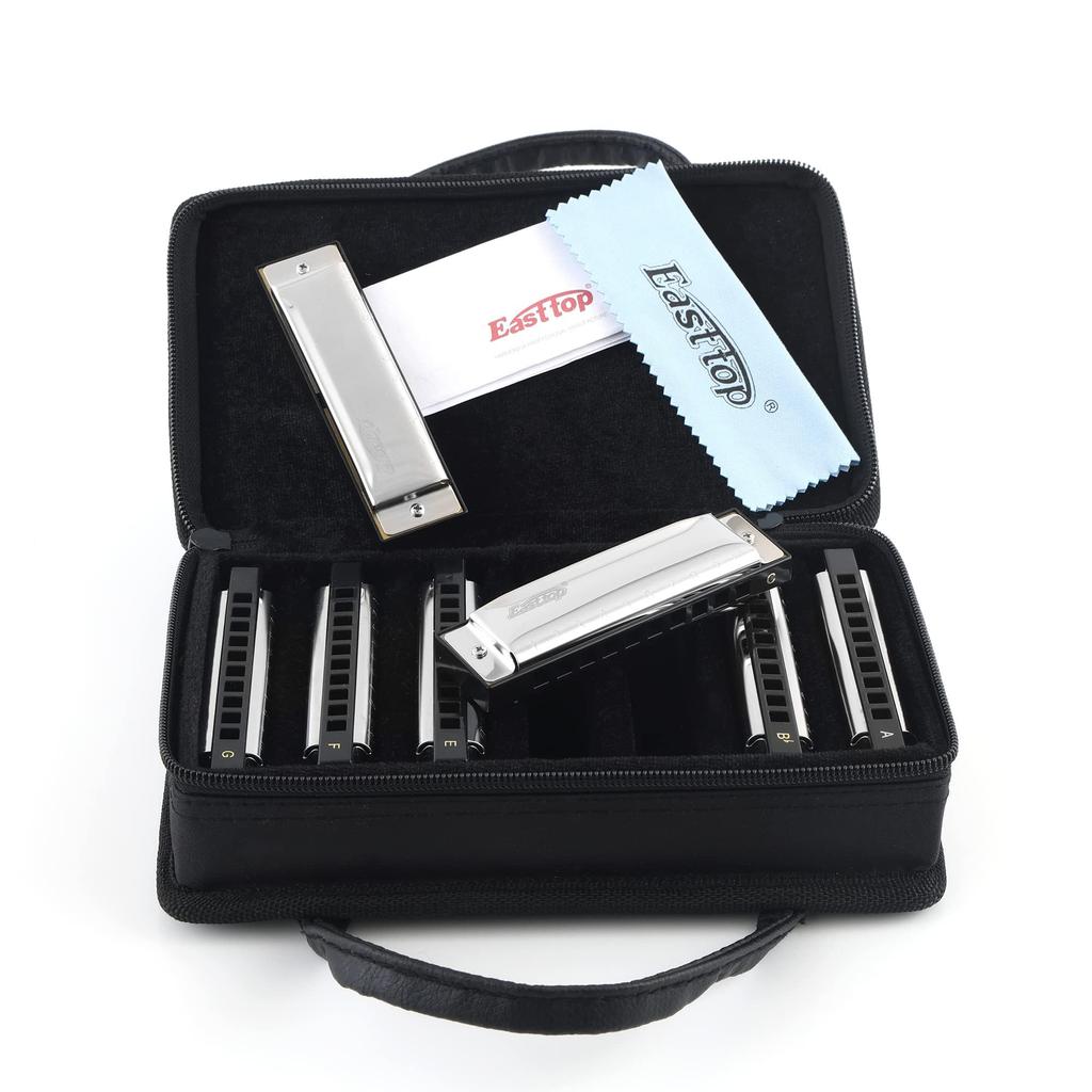 EAST TOP Harmonica Set 7 Tone Bb C D E F 10 Hole Harmonica 10 Holes 20 Tone Stainless Steel Cover ABS Case Clean Cloth Suitable for Learning and