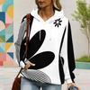 Women Plus Size Black White Floral Printed Long Sleeve Drawstring Hood Kangaroo Pocket Pullover Hoodie