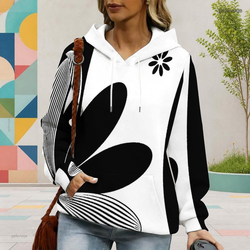 Women Plus Size Black White Floral Printed Long Sleeve Drawstring Hood Kangaroo Pocket Pullover Hoodie