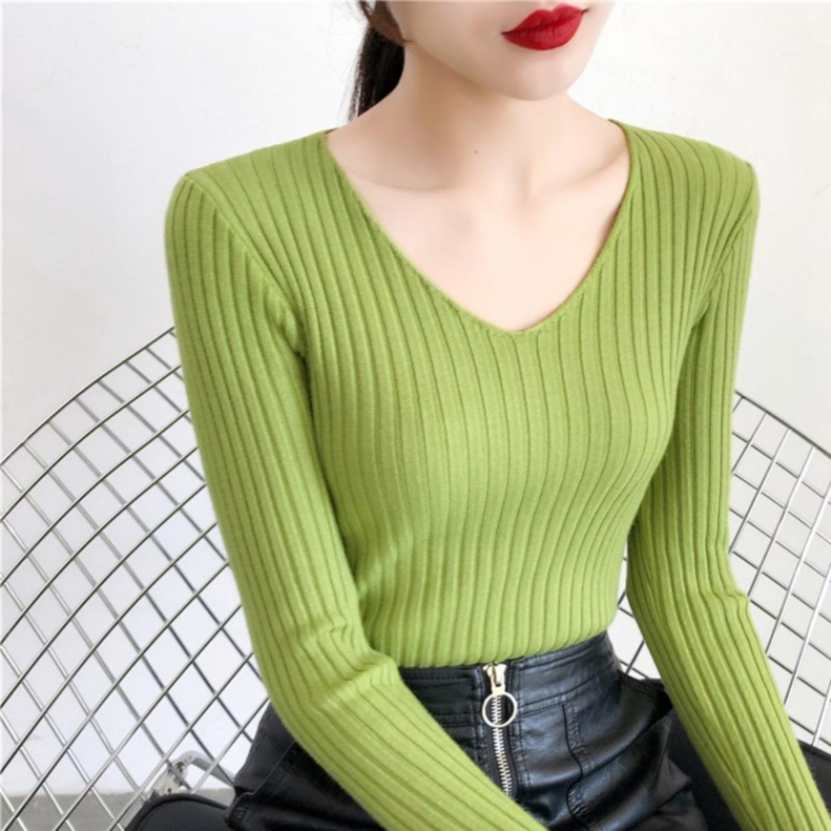 

Свитер с V-образным вырезом, Вязаный свитер, Женский свитер, Эластичный свитер, Свитер-пуловер, Приталенный свитер, Базовый слой, Внутренний слой, Верхний слой One Size зелёный