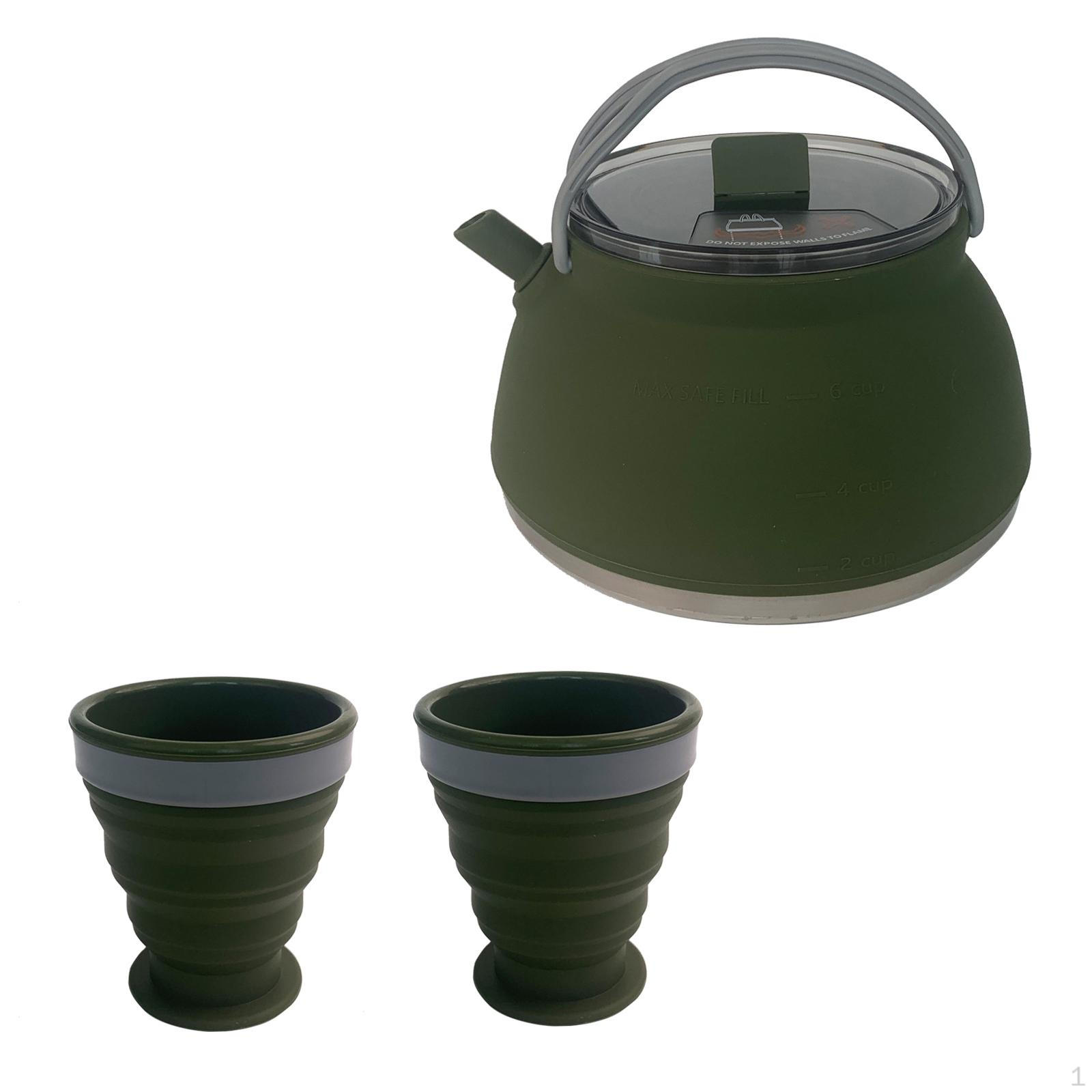 

Чайник для кемпинга объемом 1,5 л и набор из 2 чашек, складной многофункциональный чайник для приготовления кофе на открытом воздухе темно-зеленого