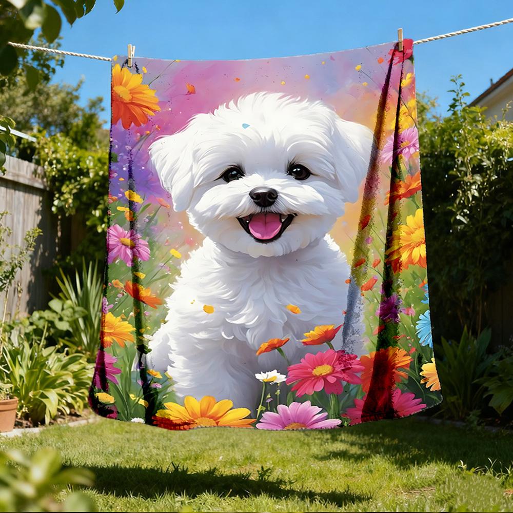 1pc Fluffy White Dog Outdoor Flannel Blanket , Machine Washable Perfect Gift for Birthday , Holiday Travel Accessory , Durable Material
