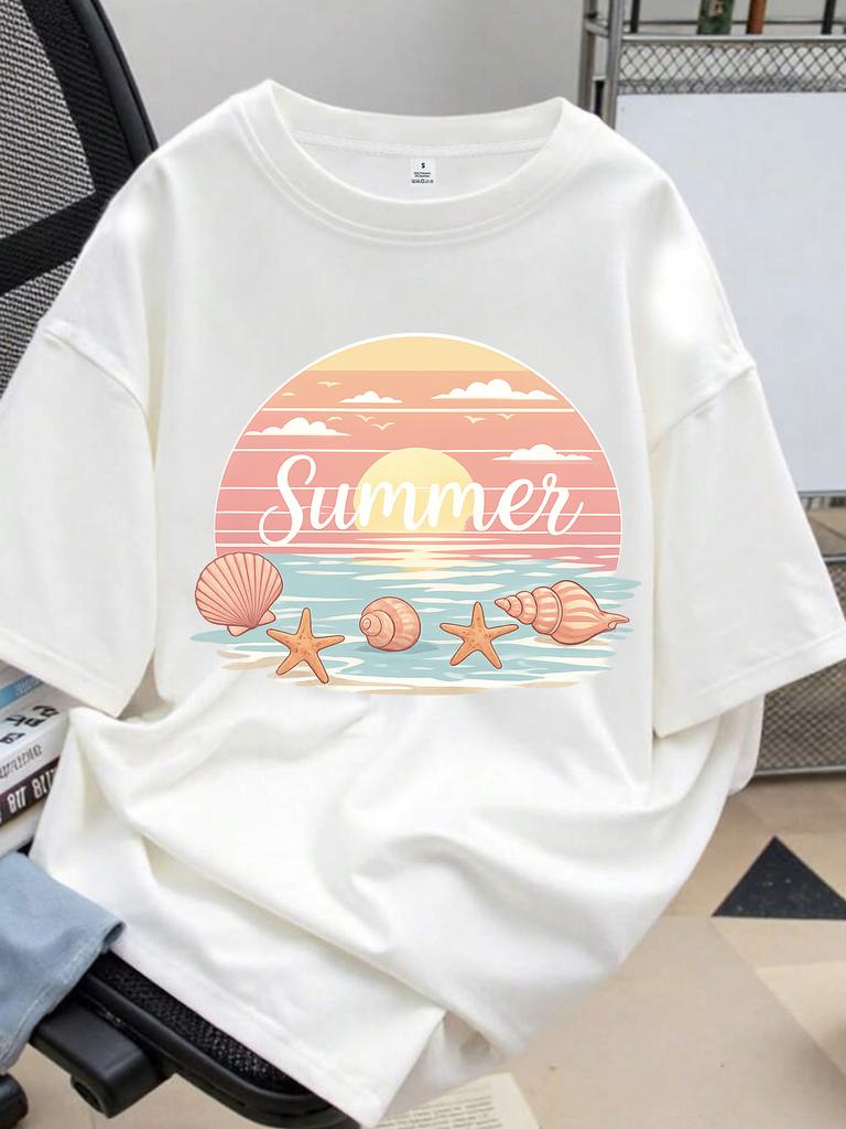 ZXHSummer printed Womens round neck Tshirt summer casual short sleeved top street fashion Womens versatile