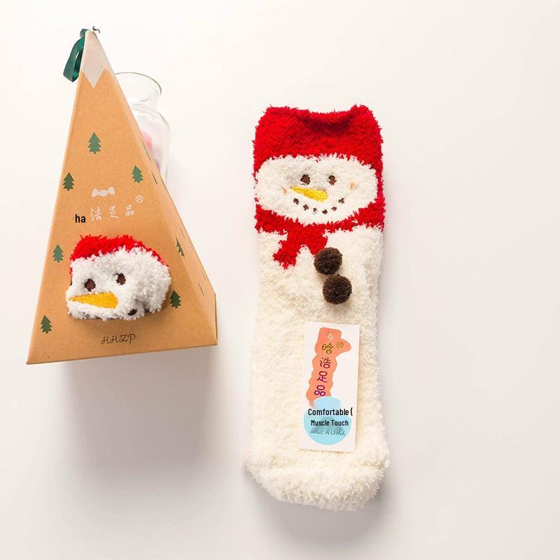 Japanese Christmas Cartoon Socks: Cozy Coral Fleece with 3D Embroidery for Women