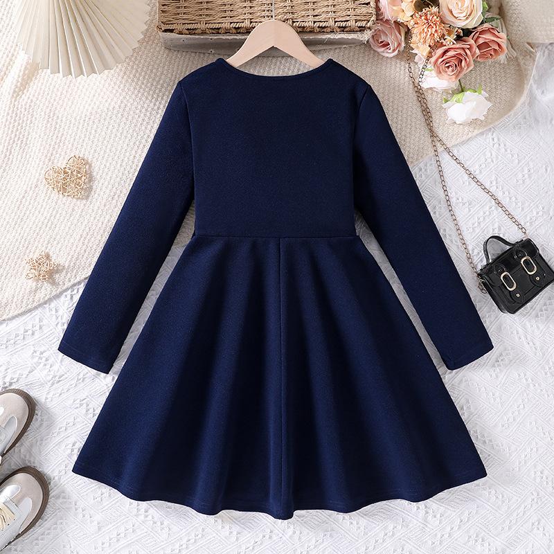 Girls' Clothing Autumn Winter New Big Kids Long Sleeve Side Button Casual Elegant Dress