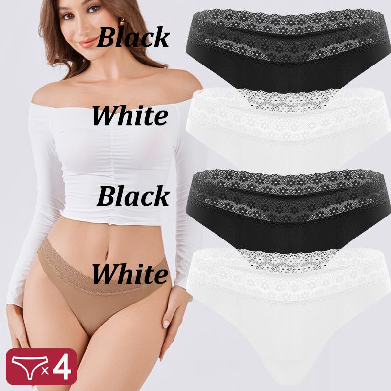4Pcs Sexy Hollow Lace G-String Girl Underwear Cotton Ladies Thongs Solid Seamless Soft Female Panties Low Waist Lingerie