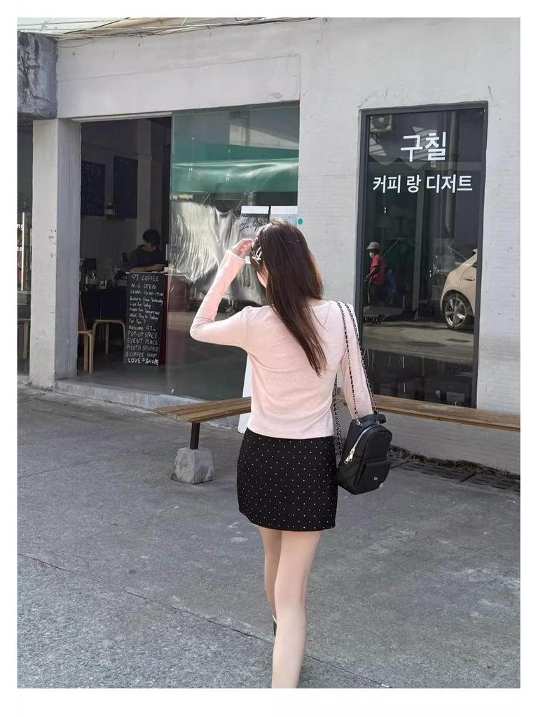 Women's Sweet & Spicy Bow Tie Lace Spliced Long Sleeve Slim Fit Top