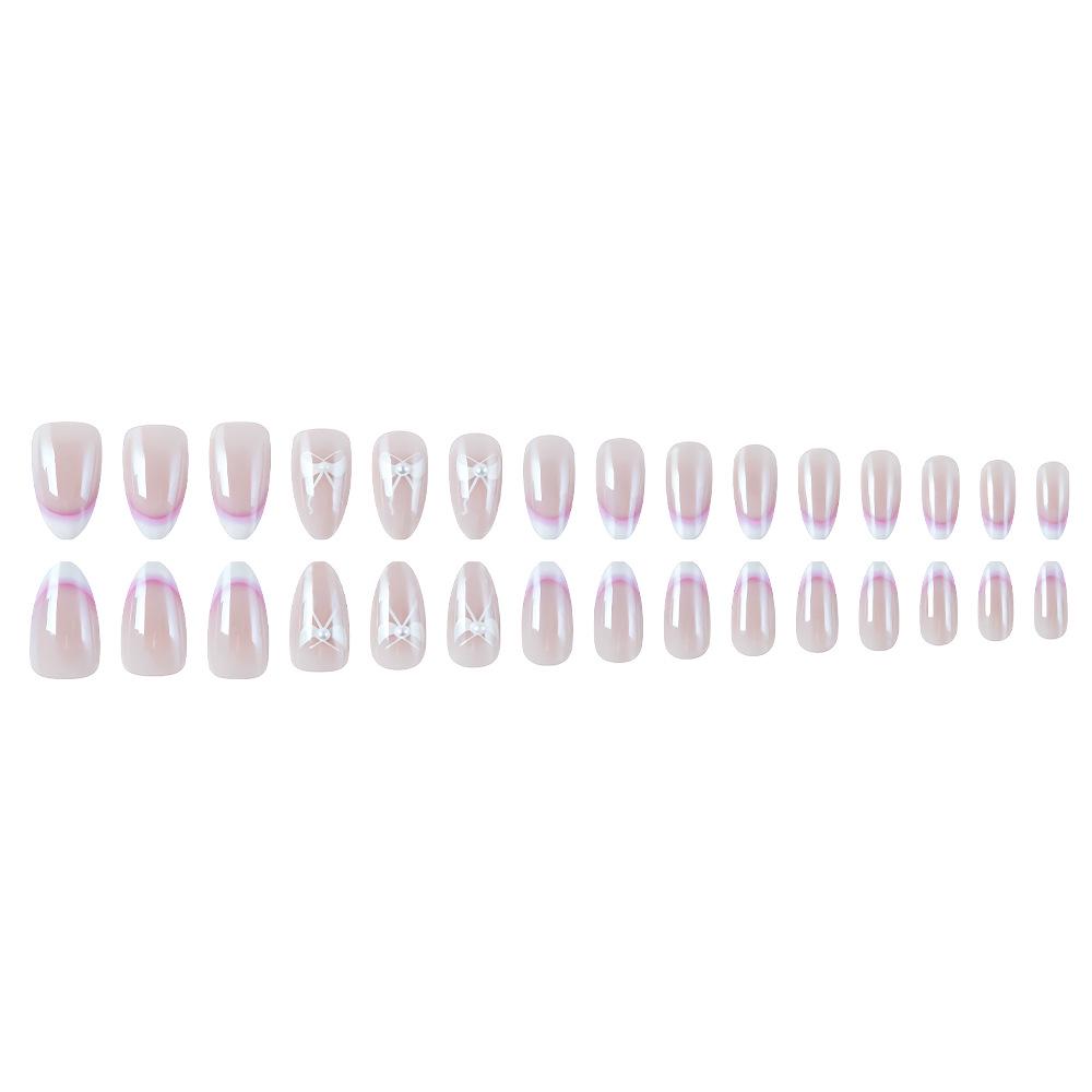 Almond Electroplated French Manicure with Rhinestone Bow Detachable Nude False Nails - Set of 30