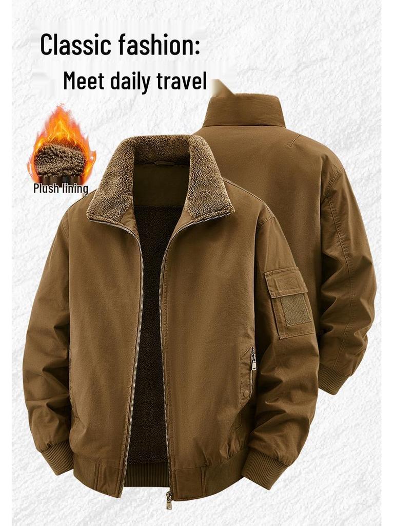 2025 Men's Double-Sided Washed Cotton Flight Jacket with Lambswool for Autumn/Winter