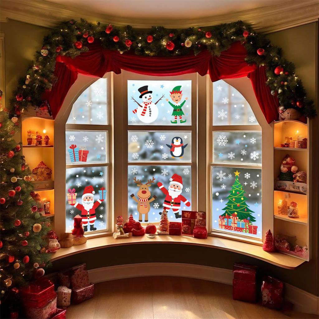 Festive Christmas Tree Window Clings 8 Sheets Adorable Santa Claus Snowflake Pattern Window Stickers for Office Store Home