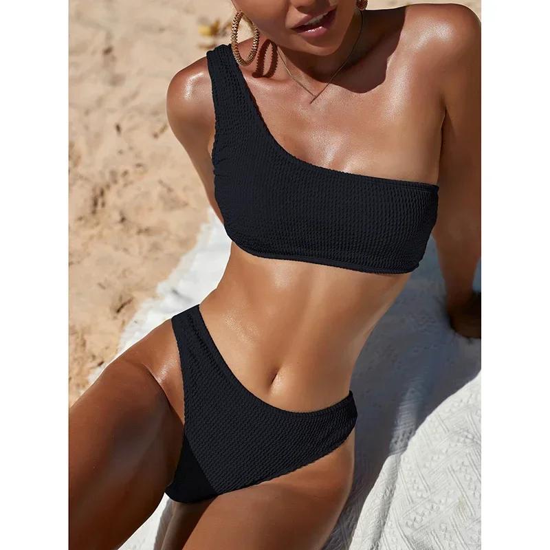 Riseado Sexy Bikini Swimwear Women Textured Swimsuit One Shoulder biquinis Beachwear Bathing Suits