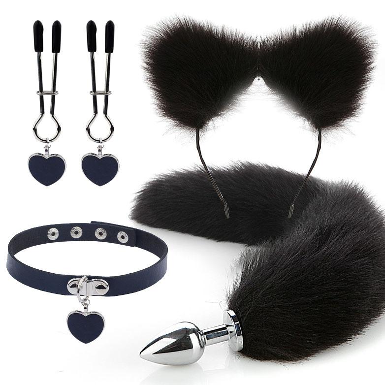 Anal Sex Toys Fox Tail Butt Plug Sexy Plush Cat Ear Headband With Bells Necklace Set Massage Sex Toys For Women Couples Cosplay