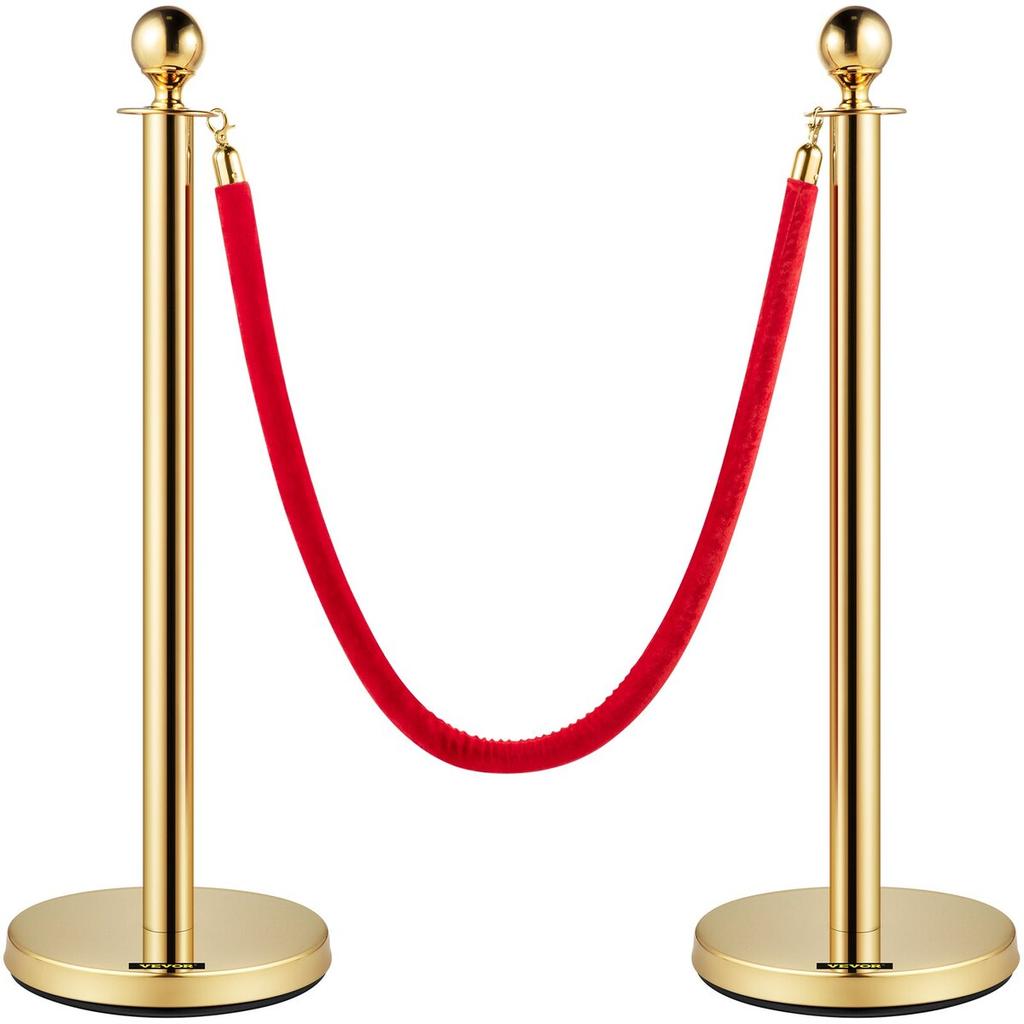 Crowd Control Stanchion, Set of 8 Pieces Stanchion Set, Stanchion Set with 5 ft/1.5 m Red Velvet Rope, Gold Crowd Control Barrier w/ Sturdy Concrete