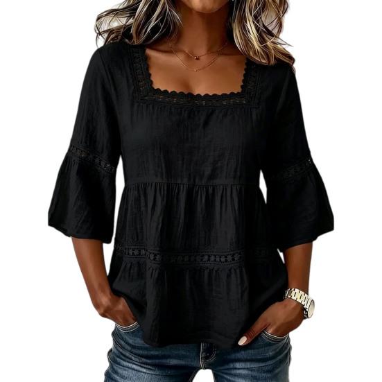 

Women Tops Square Collar 46085 Sleeves Solid Color Loose Fit Soft Stretchy Blouse Lace M чорний