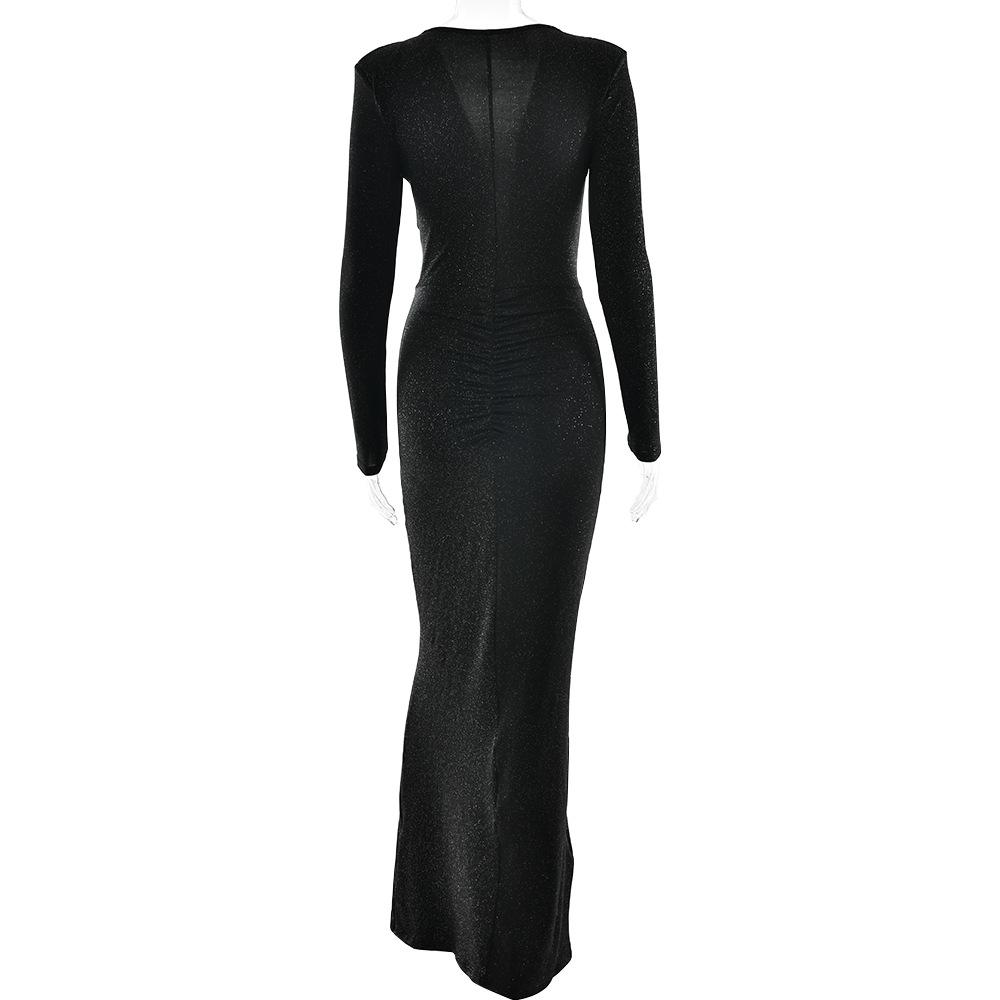 Long Sleeve Ruched Sexy Maxi Dress For Women Gown Fashion Skew Collar Draped Thigh High Split Club Long Dress