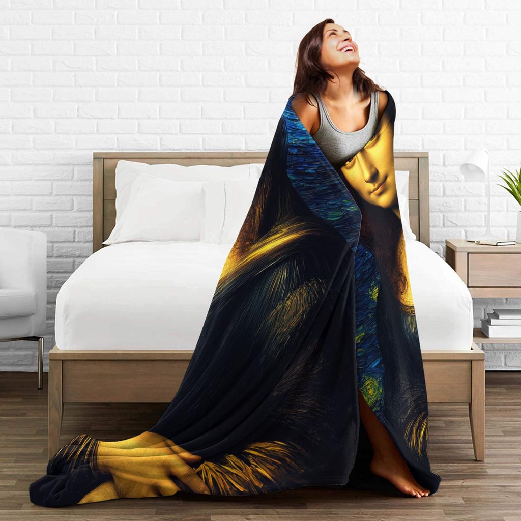 Starry Night Mona Lisa Throw Blanket Cozy Fashion Blanket  For Couch Chair Travel Car Flannel Bedspread Bed Cover