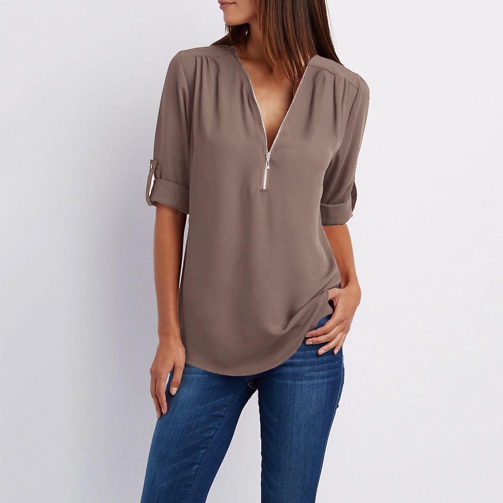 Buy Women Ladies Zipper Button Long Sleeves Loose Chiffon Shirt