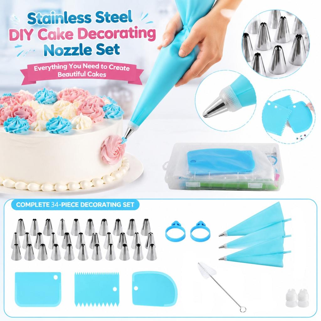 34-Piece Stainless Steel Cake Decorating Nozzle Set with Silicone Piping Bags and Scrapers for DIY Baking and Pastry Decoration