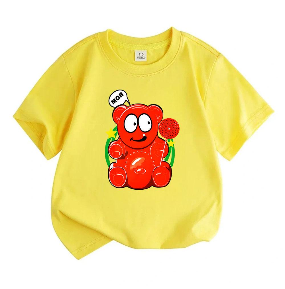 Kids Boys Girls Crew Neck Short Sleeve 100% Cotton T-Shirt Cute Glossy Red Gummy Bear Print Casual Lightweight Soft Summer Daily Tees for Children