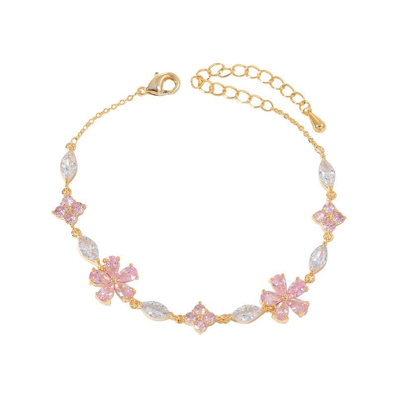 Elegant Womens Geometric Floral Zircon Bracelet Gold Plated Copper Adjustable Fashion Jewelry Daily Wear
