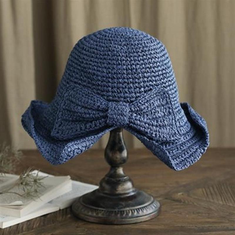 100% Raffia Bow Sun Hat Wide Brim Floppy Hats Women Beach Panama Straw Dome Bucket Hat