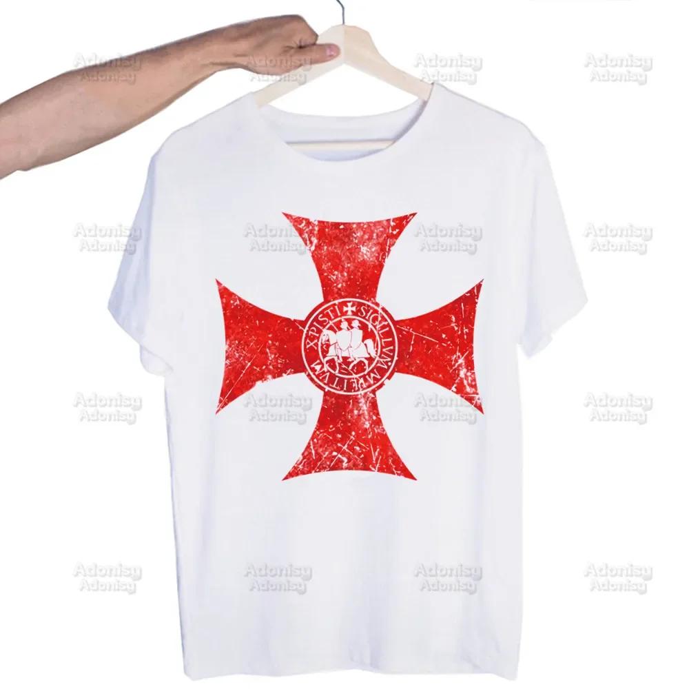 Medieval Knights Templar Printed T Shirt Men Retro Washed Tops Tees Harajuku Tshirt Streetwear Hip Hop Male T-shirts