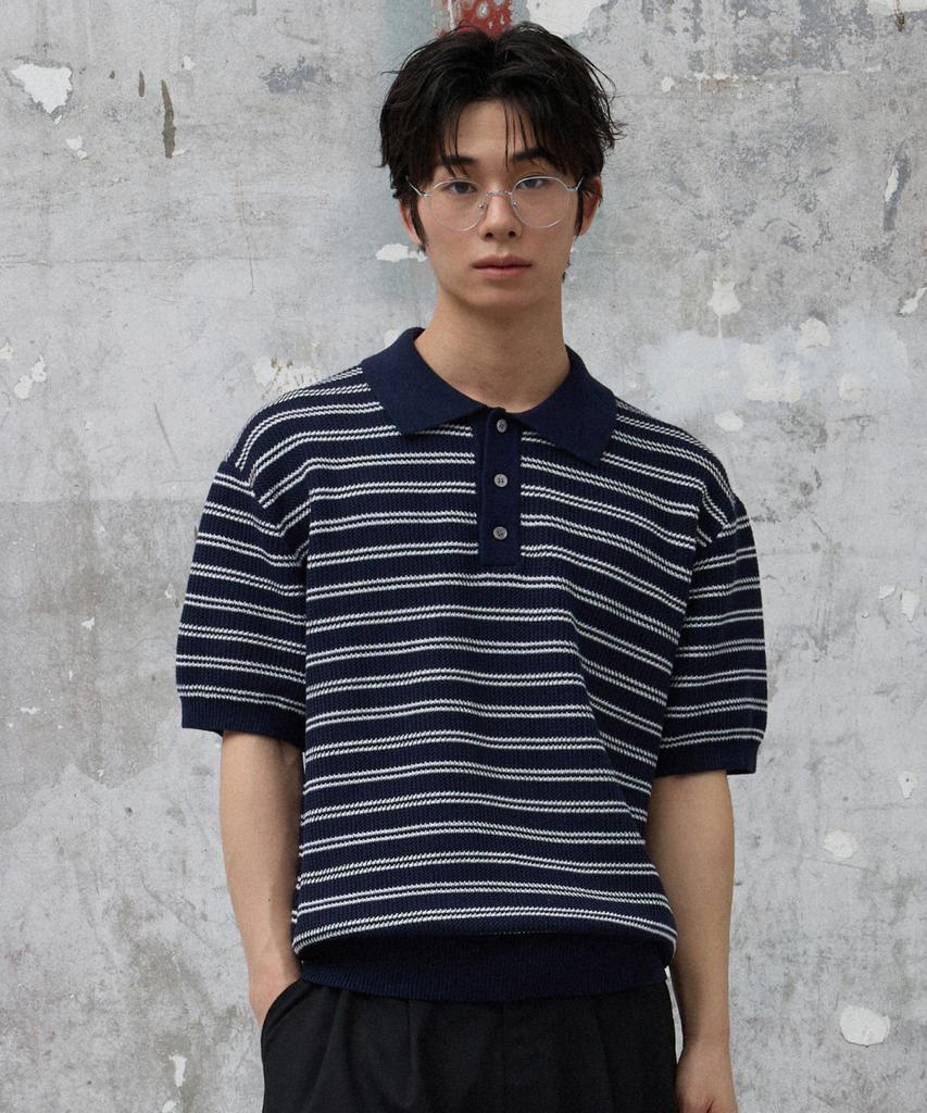 AGOD Collar Button Stripe Half Knit [Navy]