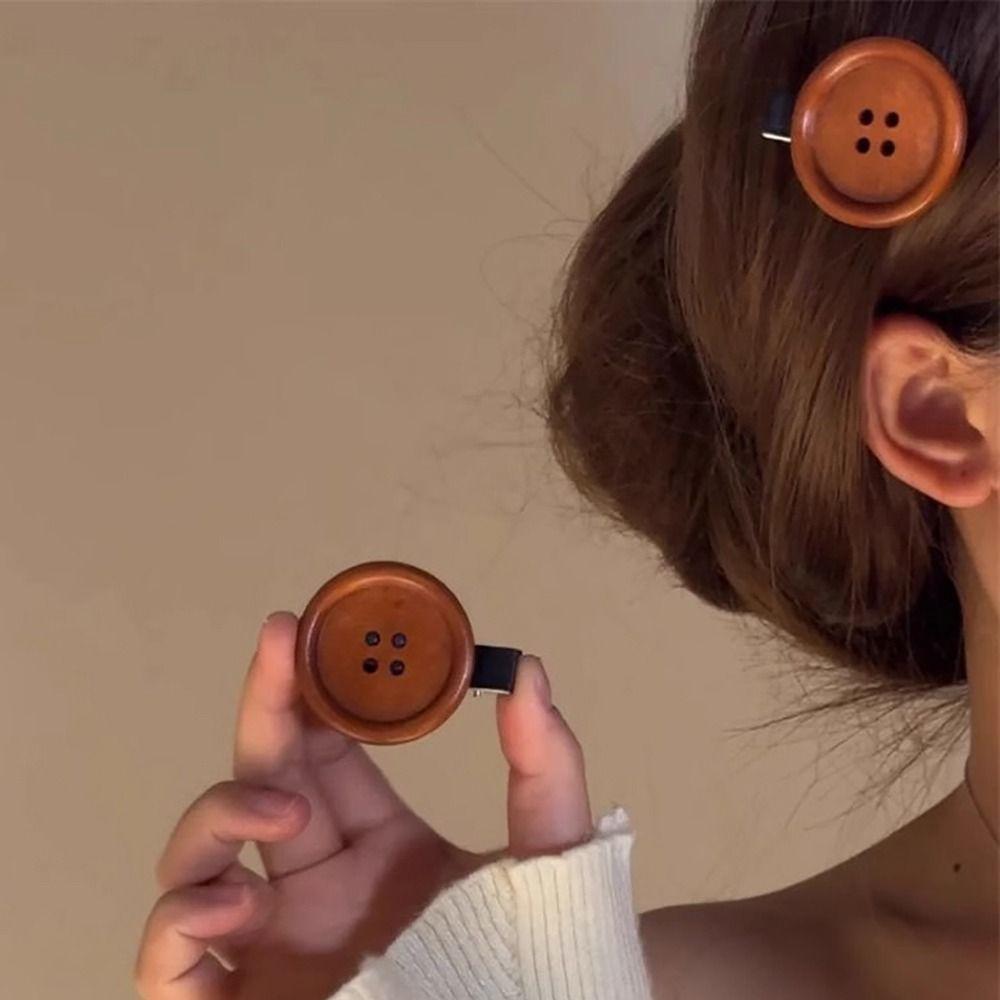 Brown Button Hair Clip Fashion Styling Bangs Hairpin Retro Headdress  Women Girls