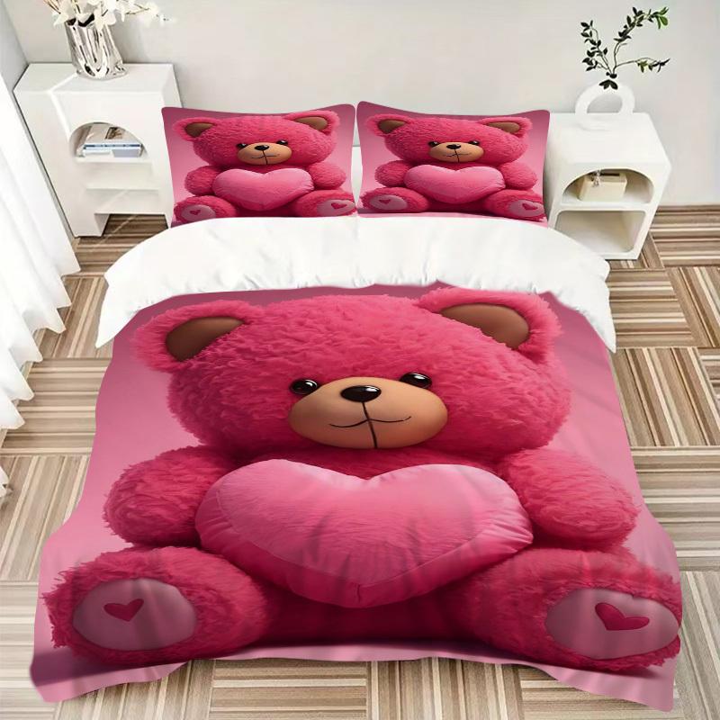 3pcs Pink Teddy Bear Bedding Set - Includes One Quilt Cover and Two Pillowcases (No Core) - Home Decor, Festival Gift, Polyester Fabric, Ani
