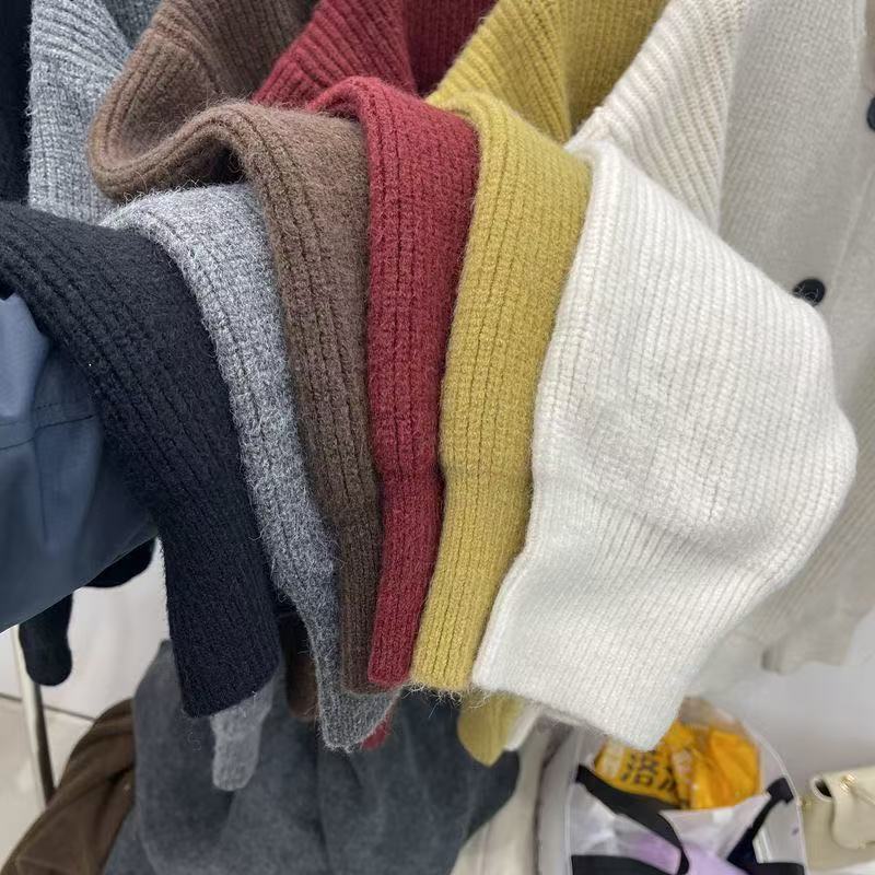 French Vintage Design Style Turtleneck Tops Autumn Casual Loose Single-breasted Clothes Solid Long Sleeve Knitted Sweater Winter