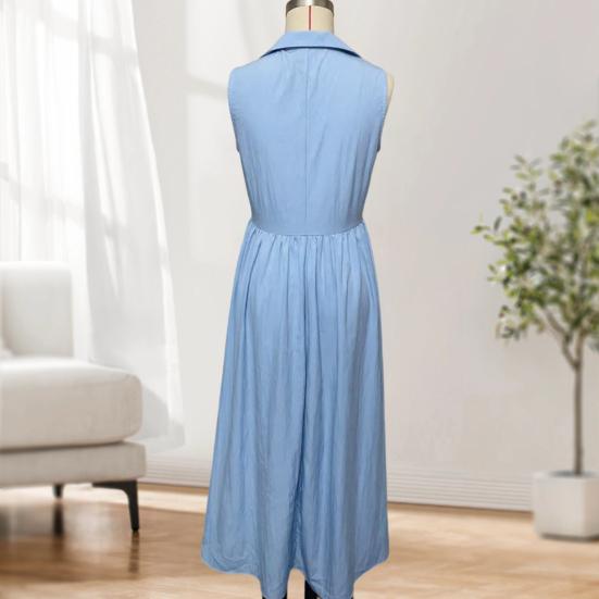 Summer Maxi Shirt Dress for Women Sleeveless Button Down Lapel Long Dress Beach Vacation A-line Flowy Sundress with Pockets