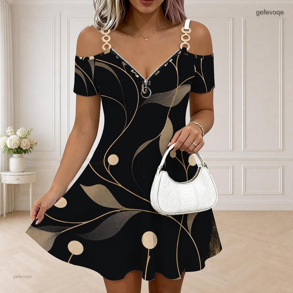 Women Plus Size White Printed Cold Shoulder V Neck Chain Strap Zipper Short Sleeve Flared Hem Dress
