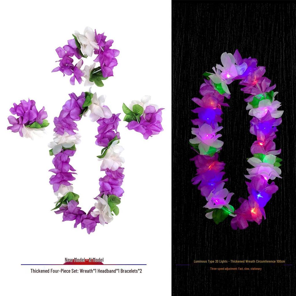 Hawaiian Luminous Flower Garland & Hula Skirt Set - Summer Costume Accessories for Annual Stage Events