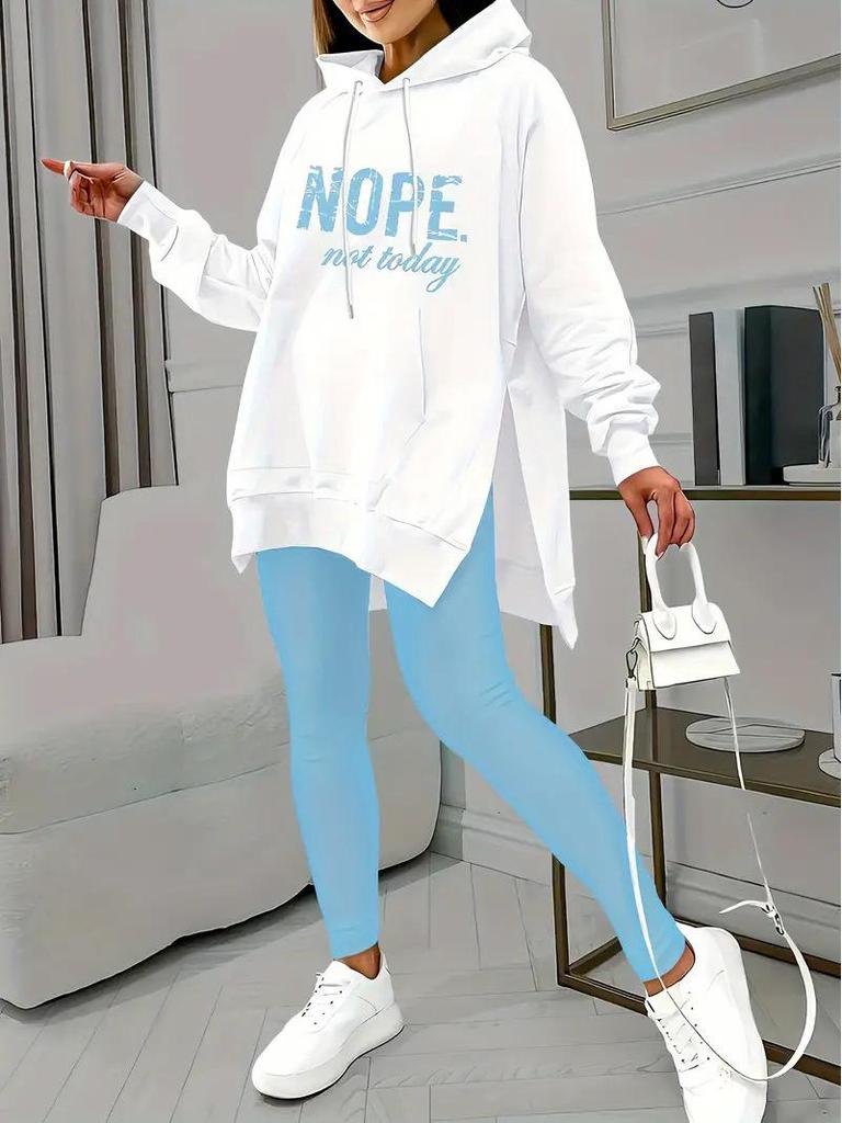 2024 Women's Casual Hooded Print Sweatshirt & Slit Pocket Pants Set - European/American Style
