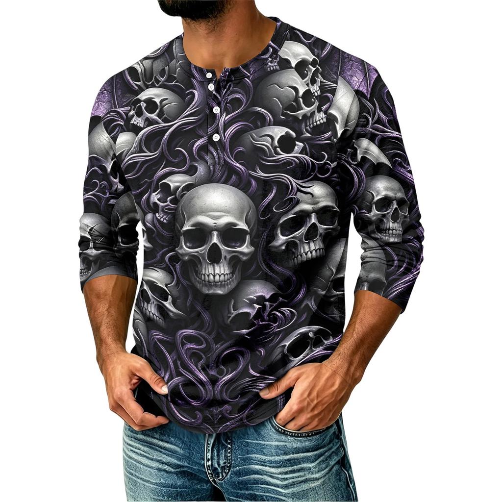 Men's Casual Raglan Three-Quarter Sleeve Shirt Halloween Print