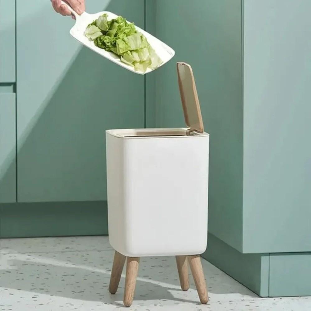 High Foot Trash Can Wood-Like Design Wooden Trash Bin Creative Press Dustbin  Bathroom